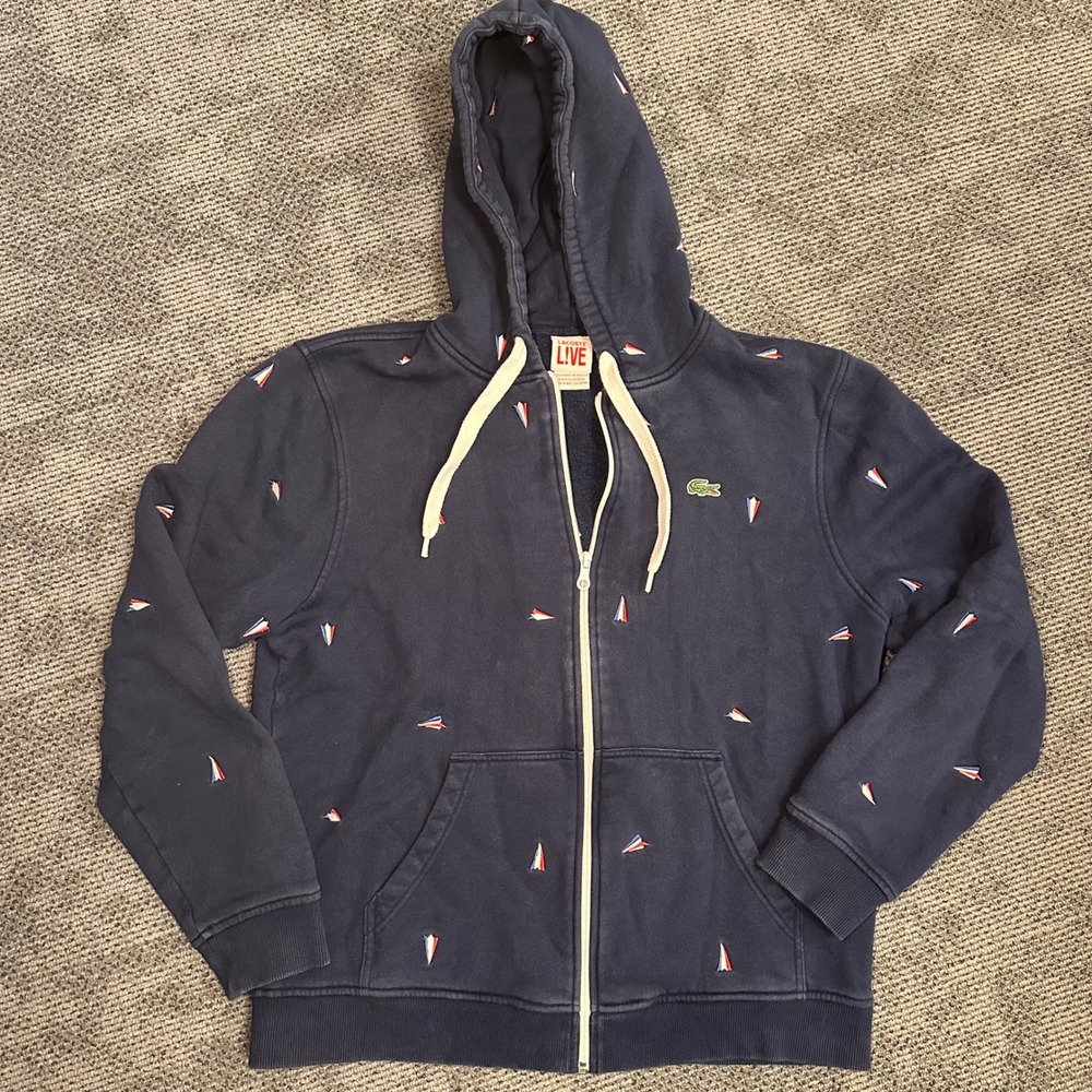Lacoste Live Mens Navy Blue Paper Airplane Embroidered Full Zip Hoodie Size 6 L